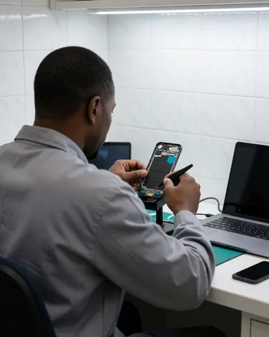 Un technicien utilise des pinces pour réparer un téléphone démonté dans un atelier aux murs carrelés blanc avec un ordinateur portable.