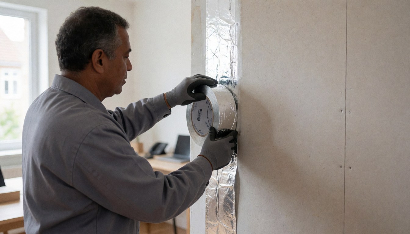 Un technicien applique du ruban d'aluminium sur une jointure d'isolation thermique contre un mur blanc sous lumière naturelle avec espace pour texte