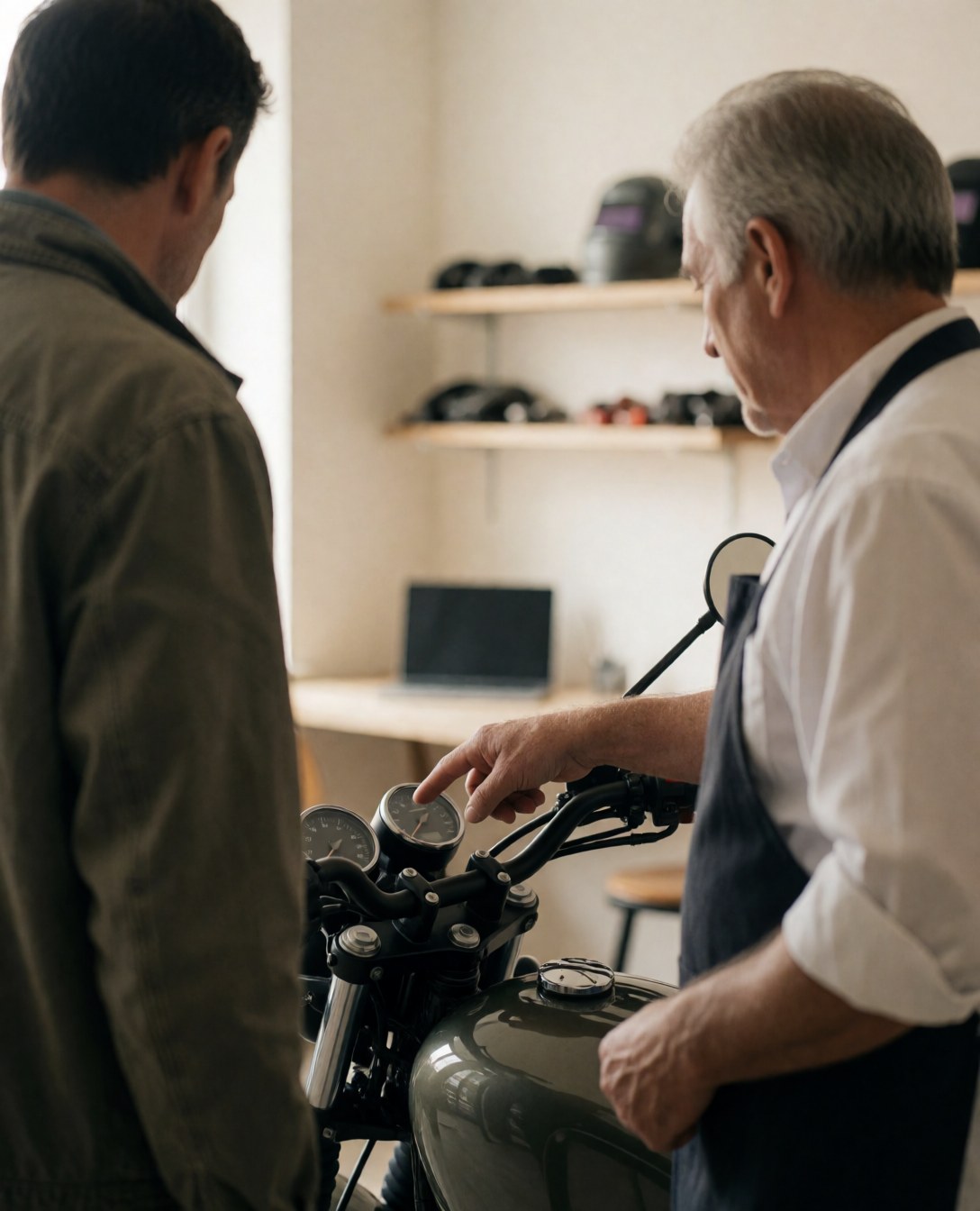 Mécanicien en tablier indiquant le guidon d'une motocyclette pendant qu'un client observe dans un atelier aux murs clairs et aux étagères de pièces.