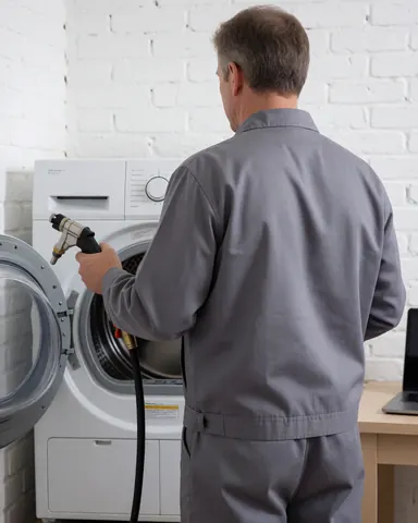 Un technicien en uniforme gris prépare un câble d'allumage sur une sécheuse ouverte devant un mur de briques blanches lors d'une intervention de réparation.