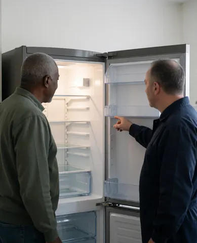 Un technicien et un client examinent l'intérieur propre d'un réfrigérateur ouvert dans une cuisine bien éclairée aux murs blancs.