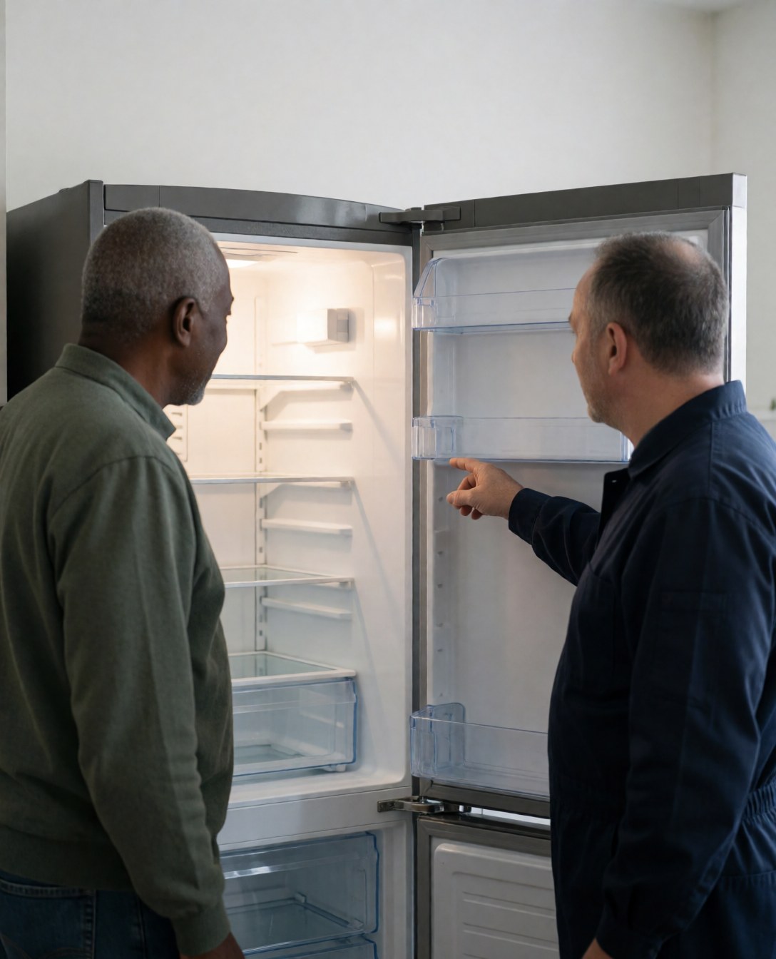 Un technicien et un client examinent l'intérieur propre d'un réfrigérateur ouvert dans une cuisine bien éclairée aux murs blancs.