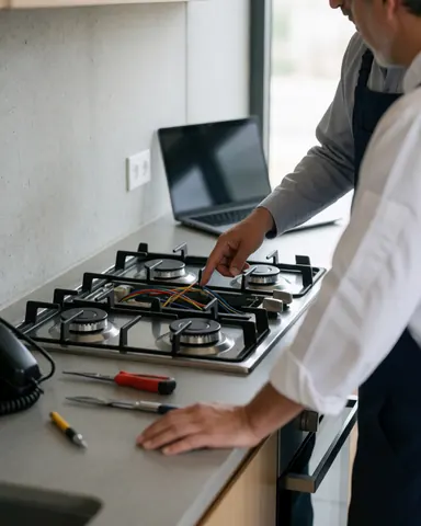Technicien expliquant une réparation de cuisine avec câblage apparent, client au comptoir, cuisine moderne aux murs en béton