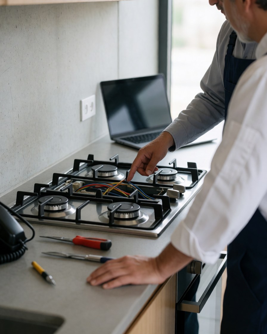 Technicien expliquant une réparation de cuisine avec câblage apparent, client au comptoir, cuisine moderne aux murs en béton