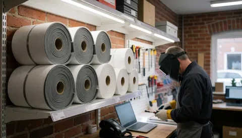 Rouleaux de mousse de polyuréthane sur une étagère de magasin avec un mur en briques et un travailleur portant un casque de soudage.