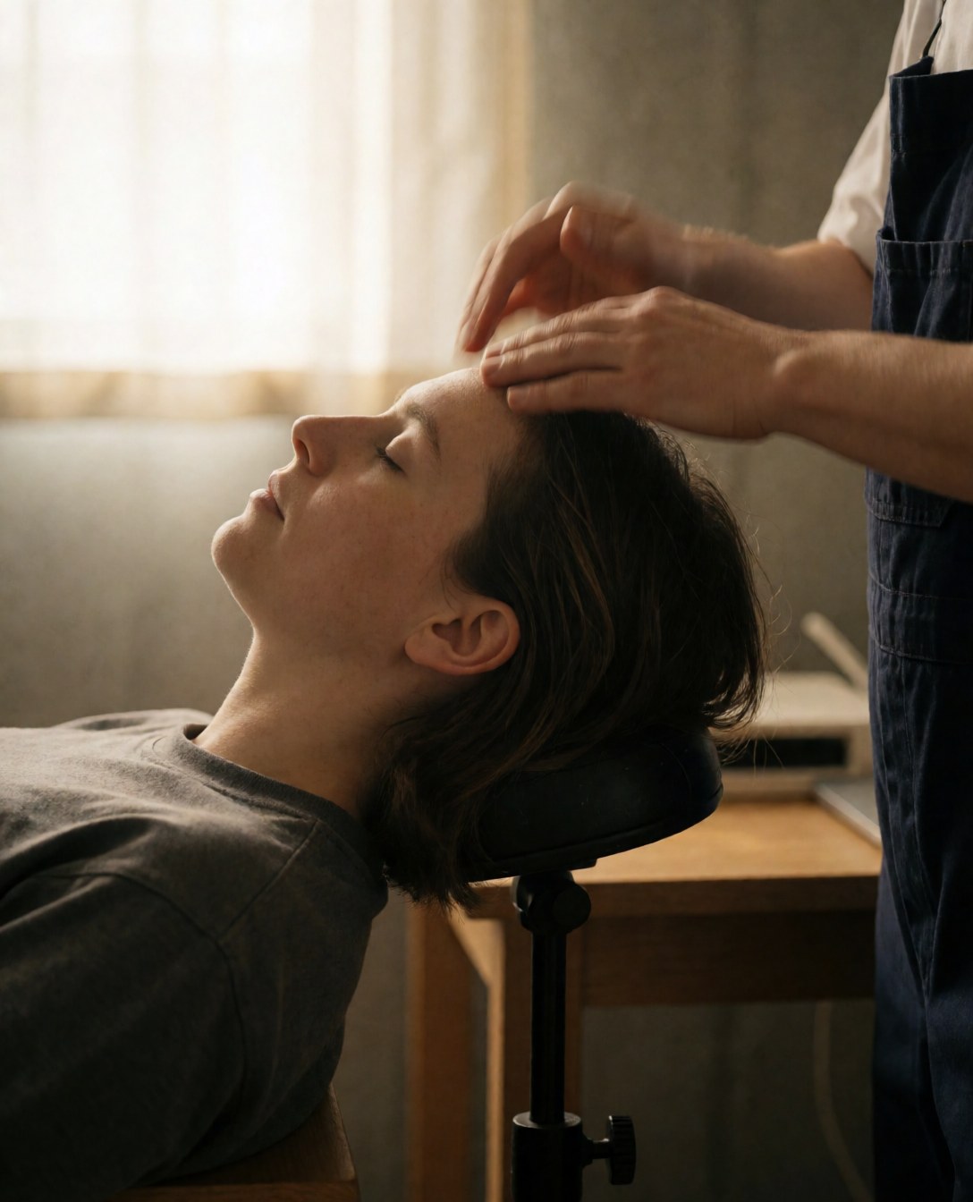 Une personne reçoit un massage ayurvédique à l'huile sur le front, assise sur une chaise de massage dans un local avec murs en béton et lumière naturelle.