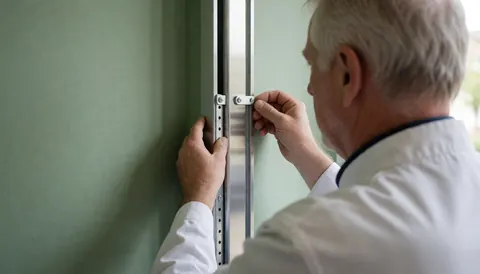 Un installateur ajuste la structure métallique d'un auvent contre un mur vert, illustrant le processus de montage avec précision.