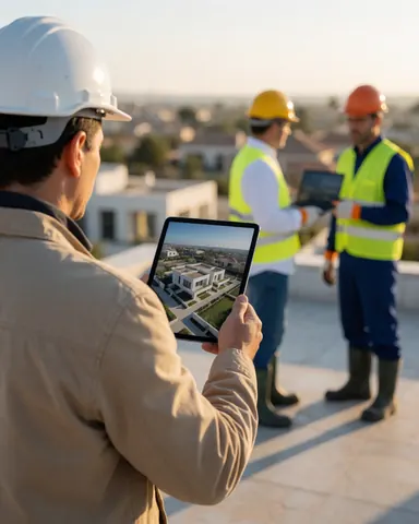 Un client portant un casque blanc examine une vue aérienne sur une tablette au-dessus d'un chantier de construction de luxe, avec d'autres travailleurs en arrière-plan.