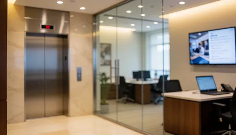 Ascenseur en acier dans un hall avec murs en marbre et bureaux en verre, éclairage chaleureux, idéal pour les services de réparation d'ascenseurs.