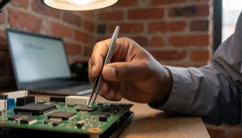 Main tenant une pince ajustant un composant sur un circuit imprimé avec un fond de mur en briques et un ordinateur portable pour la réparation électronique.