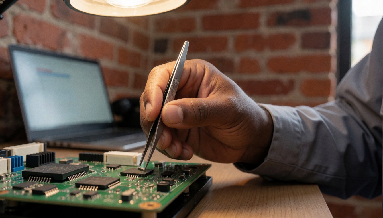 Main tenant une pince ajustant un composant sur un circuit imprimé avec un fond de mur en briques et un ordinateur portable pour la réparation électronique.