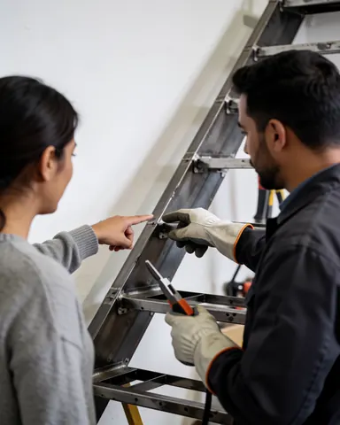 Un client pointe un détail sur une échelle métallique tandis qu'un ouvrier la règle avec des outils dans un atelier à mur blanc.