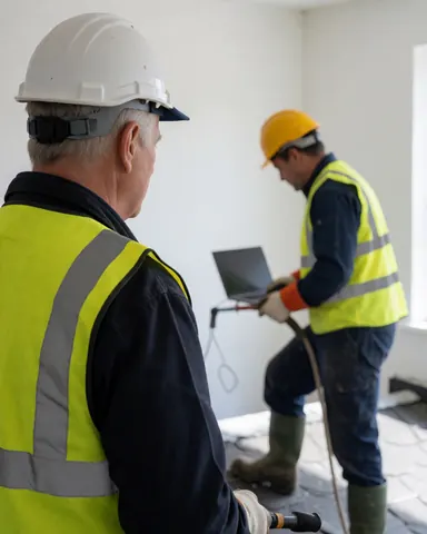 Un superviseur en casque blanc observe un collègue travaillant sur un mur avec un ordinateur portable et des outils.