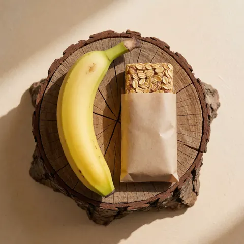 Une banane fraîche et une barre de granola posées sur du papier kraft, le tout reposant sur une souche d'arbre dans un cadre naturel lumineux avec un mur beige en arrière-plan.