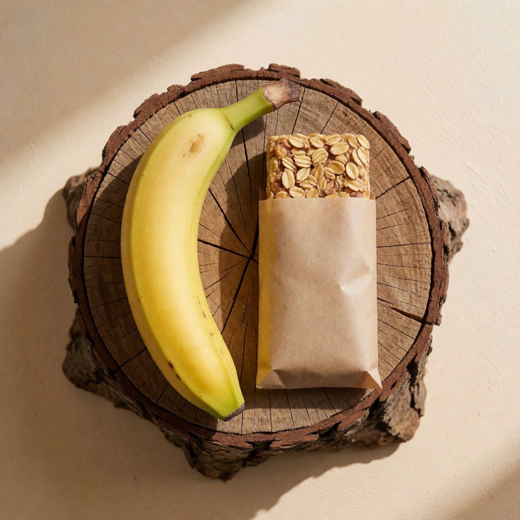 Une banane fraîche et une barre de granola posées sur du papier kraft, le tout reposant sur une souche d'arbre dans un cadre naturel lumineux avec un mur beige en arrière-plan.