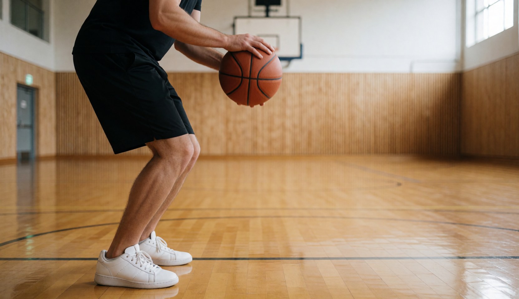 Un adulte effectue un lancer franc avec un ballon de basket sur un parquet brillant, avec des murs en lattes et un panier en arrière-plan flou.