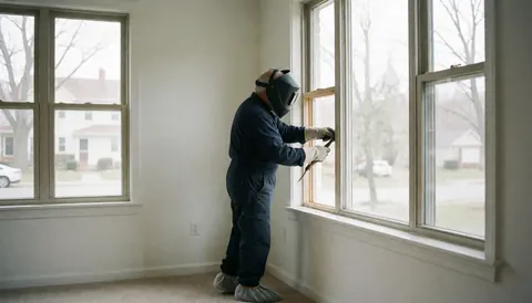 Technicien en train de réparer une fenêtre à l'intérieur d'une maison. Il ajuste le cadre avec une outil. Murs blancs et lumière naturelle. Service de réparation de fenêtres.