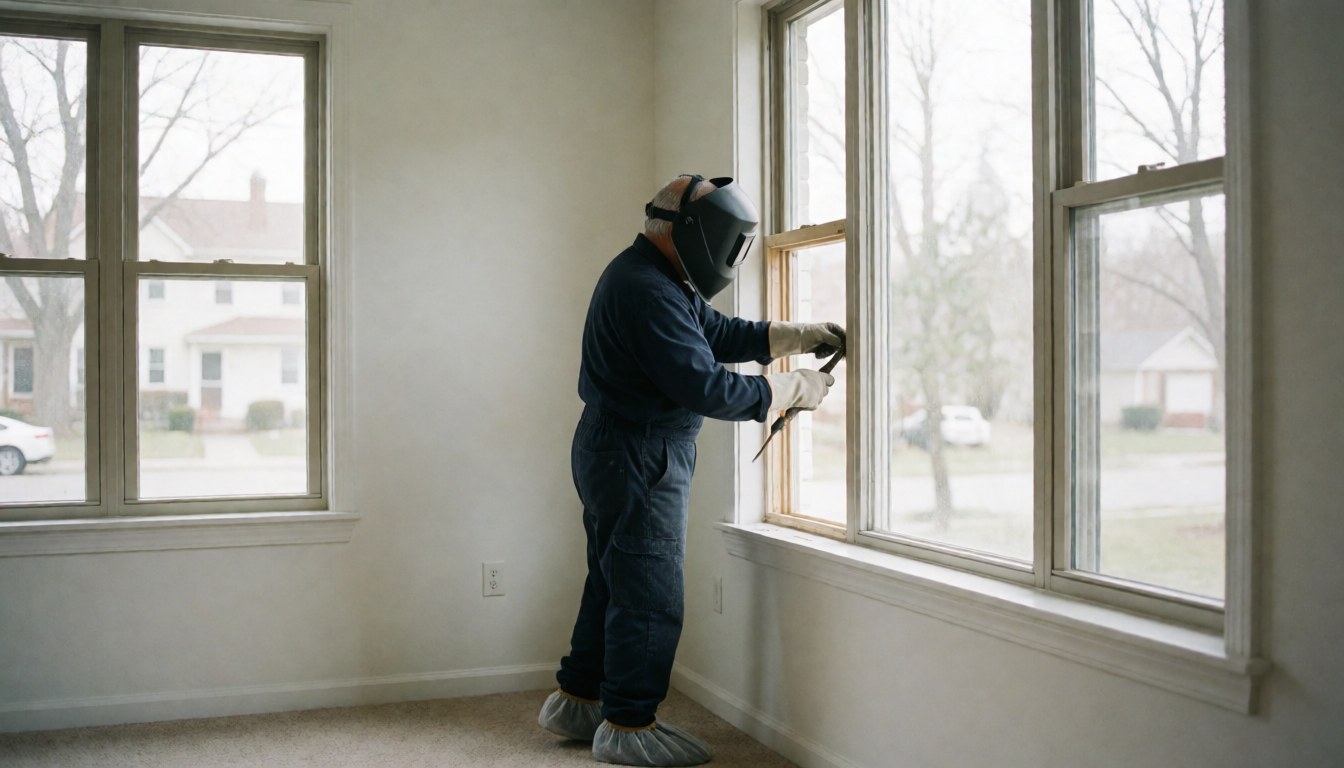 Technicien en train de réparer une fenêtre à l'intérieur d'une maison. Il ajuste le cadre avec une outil. Murs blancs et lumière naturelle. Service de réparation de fenêtres.
