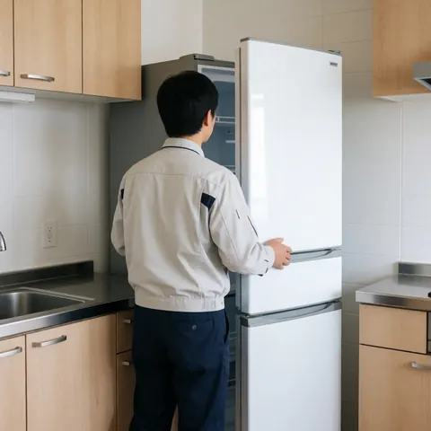 Un technicien en uniforme installe un réfrigérateur blanc dans une cuisine équipée de placards en bois et d'un plan de travail en acier inoxydable.
