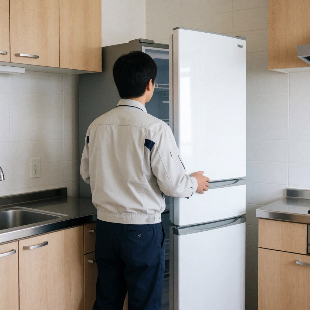 Un technicien en uniforme installe un réfrigérateur blanc dans une cuisine équipée de placards en bois et d'un plan de travail en acier inoxydable.