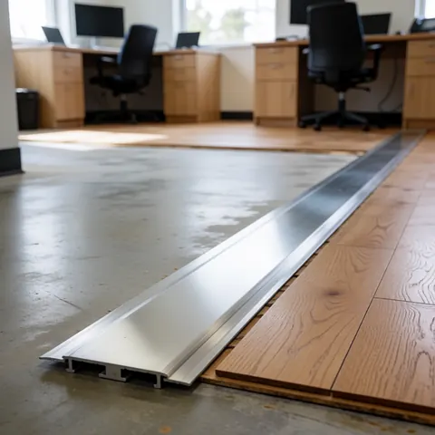Listeau métallique assurant la transition entre un sol en béton et un parquet en bois, idéal pour les installateurs de revêtements de sol.