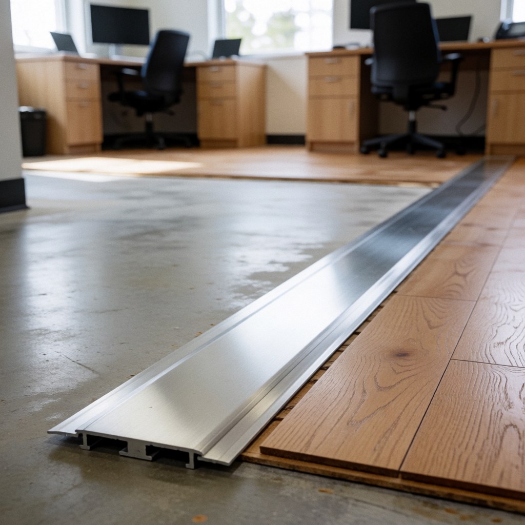 Listeau métallique assurant la transition entre un sol en béton et un parquet en bois, idéal pour les installateurs de revêtements de sol.