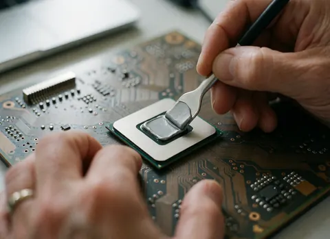 Main appliquant avec précision de la pâte thermique sur un microprocesseur fixé à une carte mère, vue rapprochée détaillée lors d'une réparation électronique.