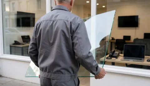 Un installateur de verre transporte une feuille de verre transparente vers une fenêtre de bureau, reflétant l'intérieur avec des ordinateurs et des bureaux.