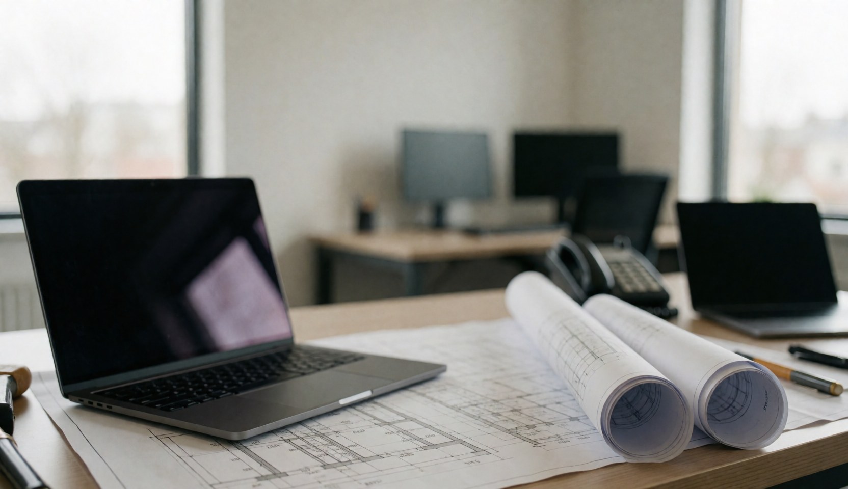 Bureau moderne avec plans d'architecture et ordinateur portable, idéal pour les projets d'ingénierie et de design.