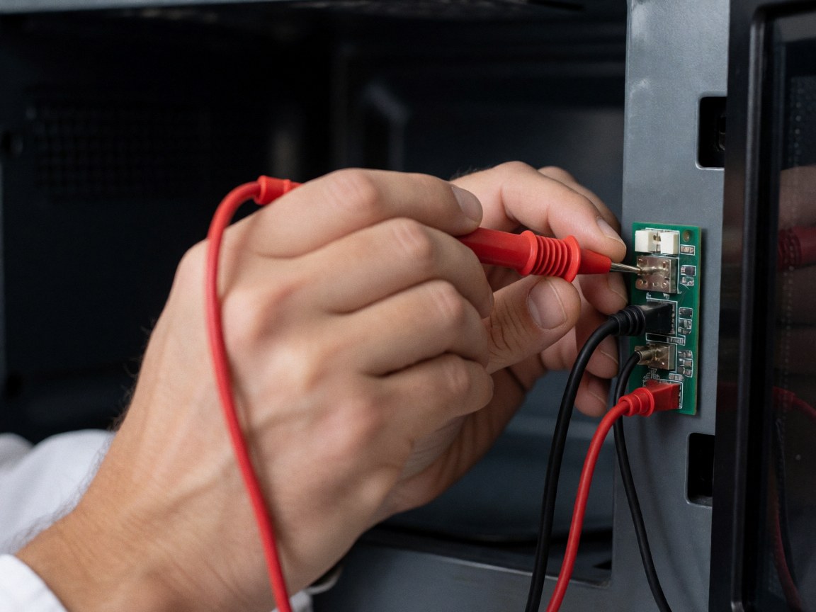Mains d'un technicien utilisant un multimètre pour vérifier le voltage sur une carte électronique à l'intérieur d'un four à micro-ondes.