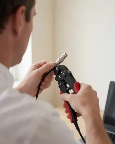 Vue arrière d'un technicien utilisant une pince pour crimper un connecteur F argenté sur un câble coaxial devant un mur blanc chaud.