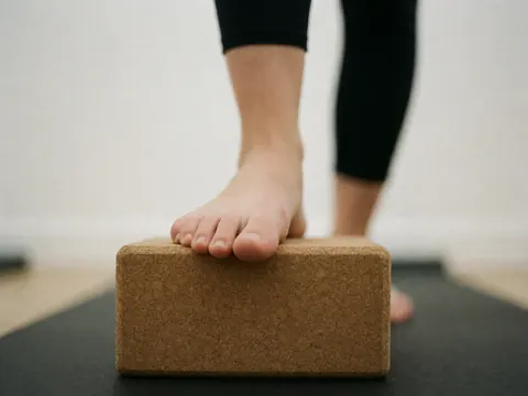 Gros plan de pieds posés sur un bloc de liège dans un studio de yoga, sur fond blanc, évoquant l'équilibre et le bien-être.