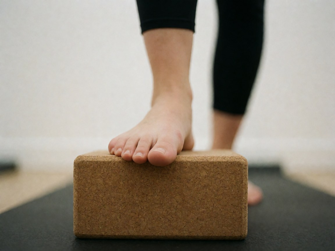 Gros plan de pieds posés sur un bloc de liège dans un studio de yoga, sur fond blanc, évoquant l'équilibre et le bien-être.