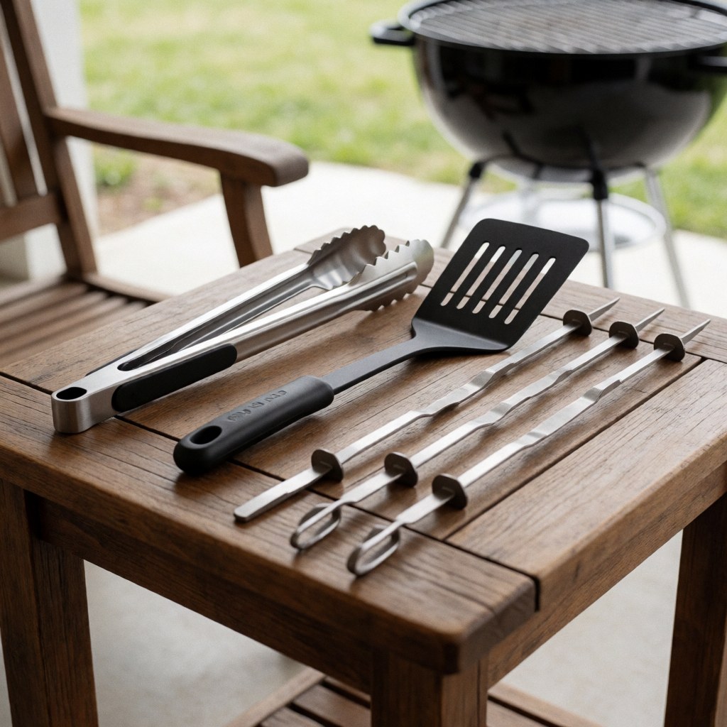 Pince, spatule et pinceaux à barbecue disposés sur une table en bois rustique avec un grill au charbon en arrière-plan, idéal pour une maison de vacances.