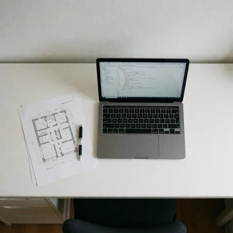 Ordinateur portable ouvert affichant un éditeur de code sur une table blanche avec un plan architectural imprimé, idéal pour un cours de programmation.