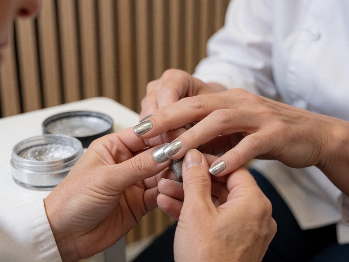 Détail d'une manucure professionnelle avec poudre métallique brillante sur les ongles, outils et fond en bois clair visibles