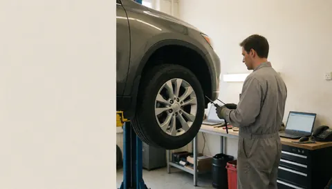Technicien en uniforme réparant un pneu de suv sur un élévateur dans un atelier aux murs blancs avec espace pour texte