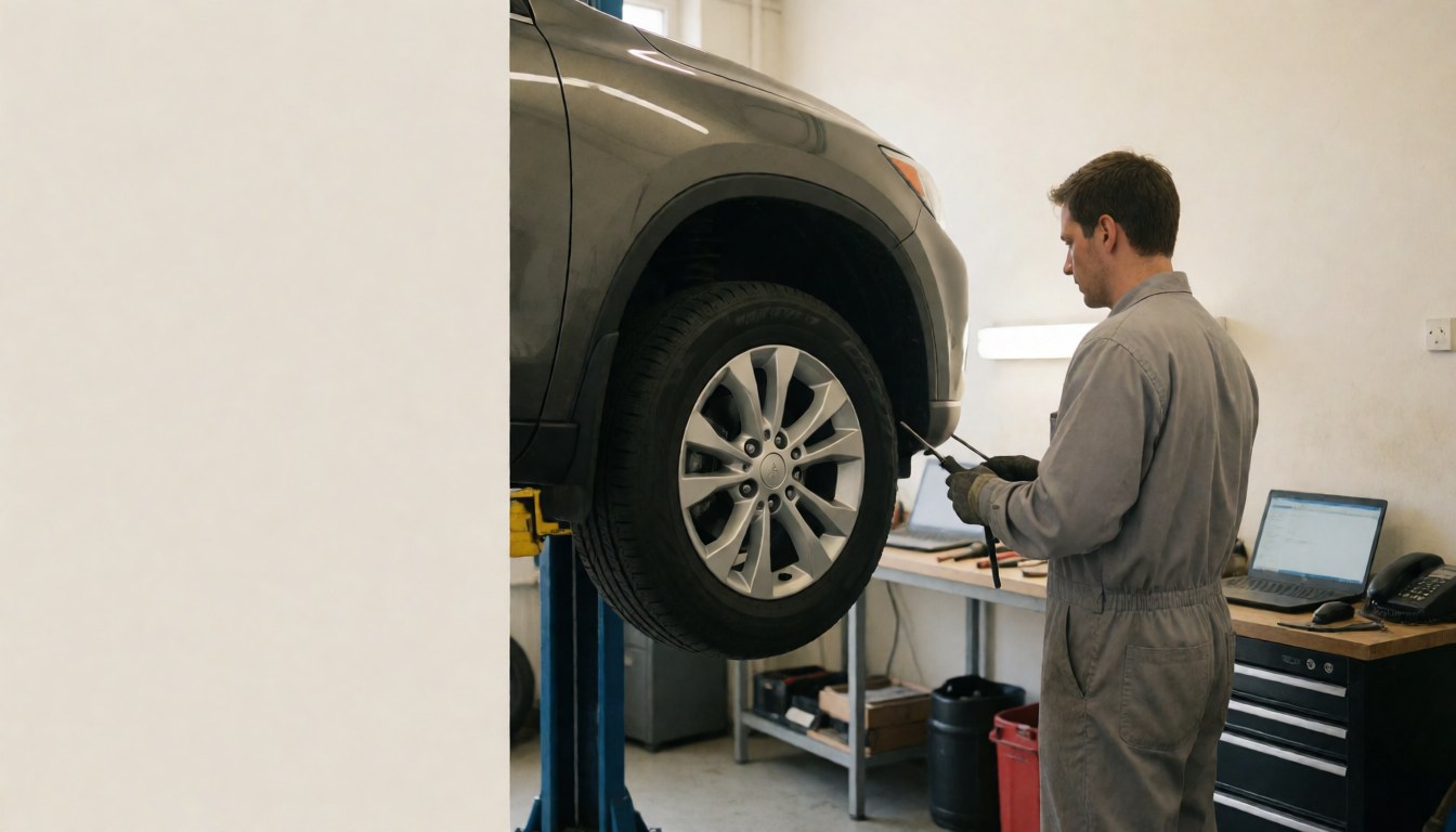 Technicien en uniforme réparant un pneu de suv sur un élévateur dans un atelier aux murs blancs avec espace pour texte