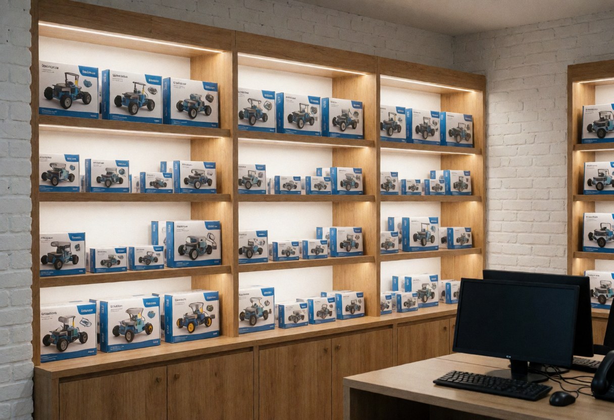 Étagères en bois éclairées, boîtes de kits rangées et mur de briques blanches, ambiance professionnelle et propre.