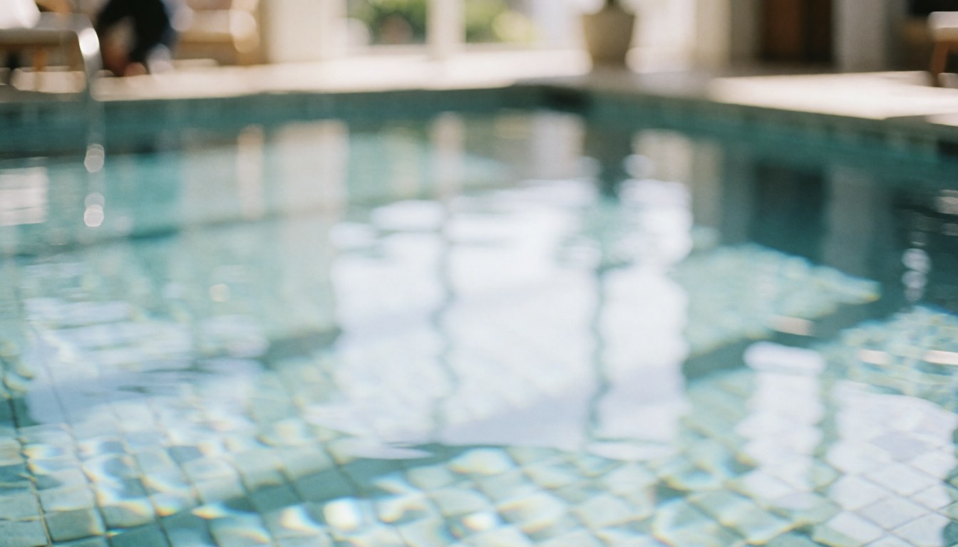 Fond de piscine avec carreaux et reflets de lumière, idéal pour les textes de services de plage et d'expériences aquatiques.