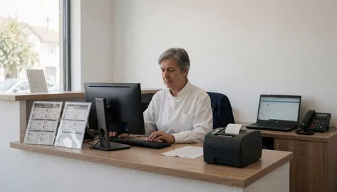 Réception d'un atelier de réparation de pneus équipée d'un ordinateur, d'une imprimante et de catalogues de pneus sur un comptoir en bois.