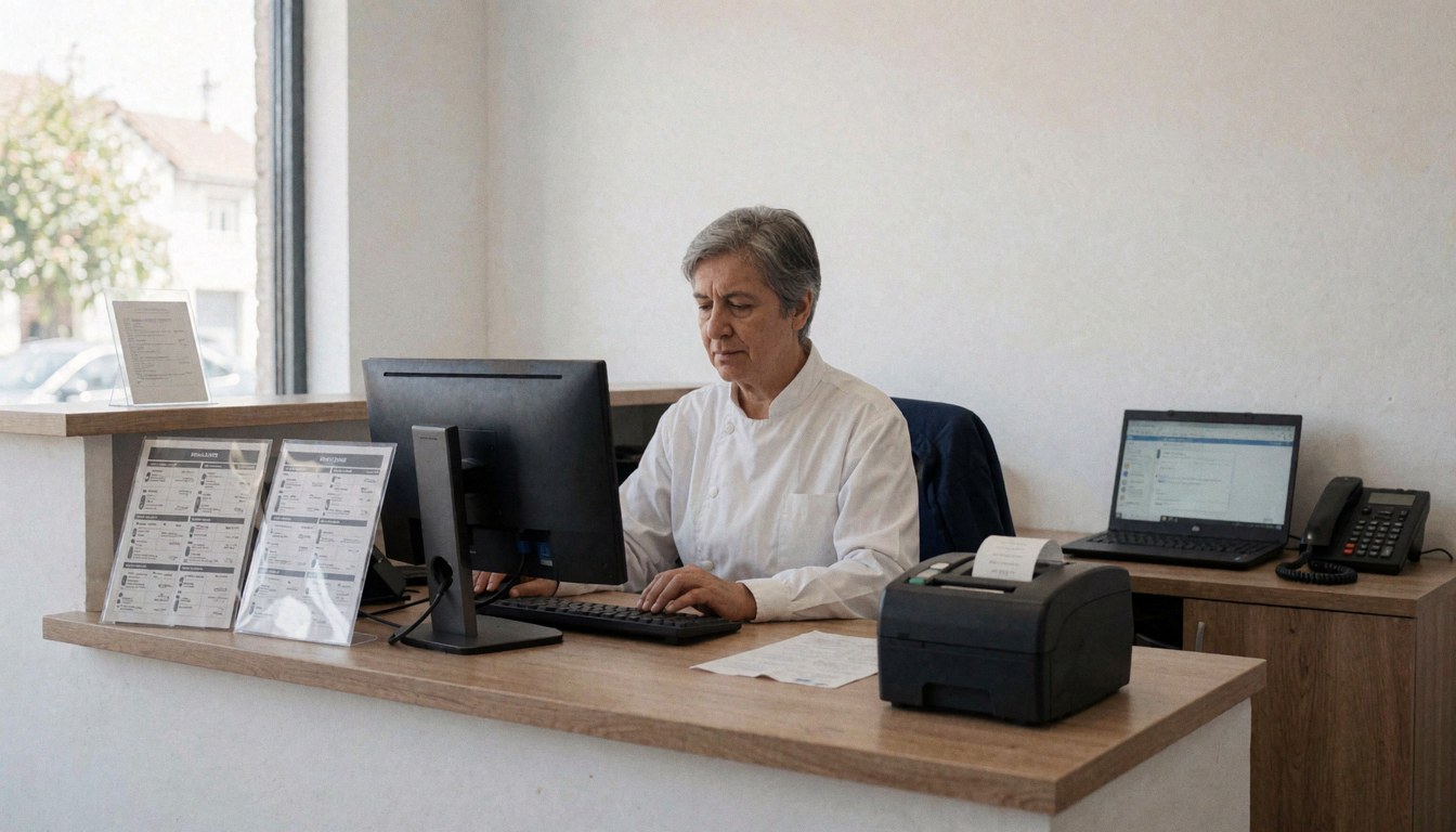 Réception d'un atelier de réparation de pneus équipée d'un ordinateur, d'une imprimante et de catalogues de pneus sur un comptoir en bois.