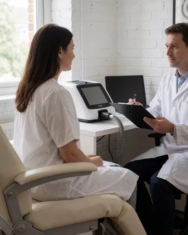 Un professionnel en blouse blanche inspecte un appareil de dépilation laser dans une clinique, tandis qu'une cliente est assise en arrière-plan.