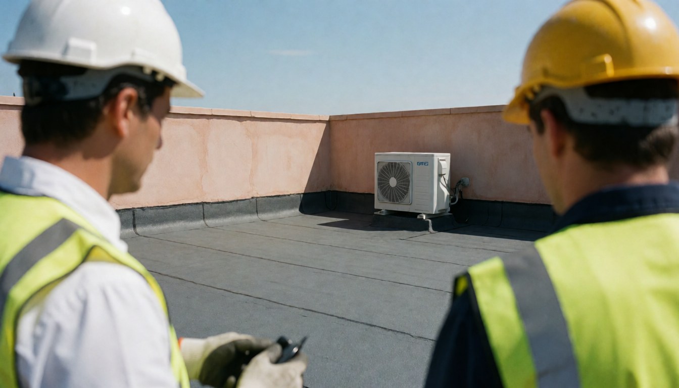 Deux techniciens en casques et gilets de sécurité inspectent un climatiseur sur un toit plat sous un ciel bleu, service de réparation.