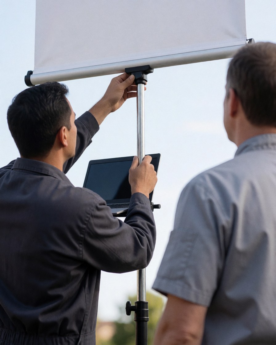 Un technicien ajuste une grande bannière sur un support métallique en extérieur tandis qu'un client observe la scène de travail professionnel.