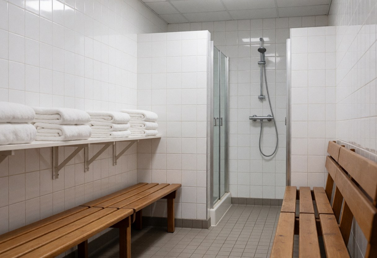 Salle de douches propre avec bancs en bois, serviettes blanches empilées et douche en verre, idéale pour un centre de yoga.