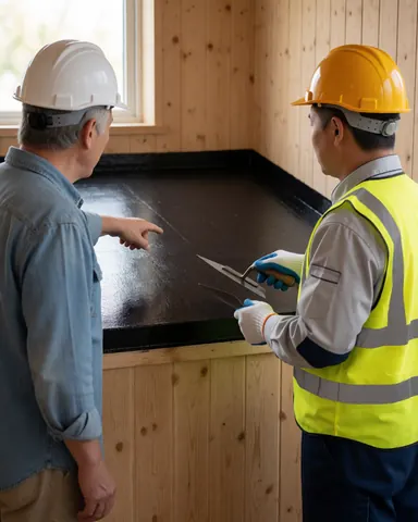 Un client et un travailleur examinent un toit noir fraîchement imperméabilisé. Des murs en bois clair et un casque de sécurité sont visibles dans le cadre.