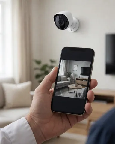 Client vérifiant le flux de la caméra de sécurité dans son salon, installation professionnelle de caméras de surveillance pour la maison.