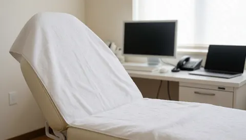 Fauteuil de traitement recouvert d'une serviette blanche dans une pièce propre et bien éclairée, idéal pour les services de microblading et les soins esthétiques.