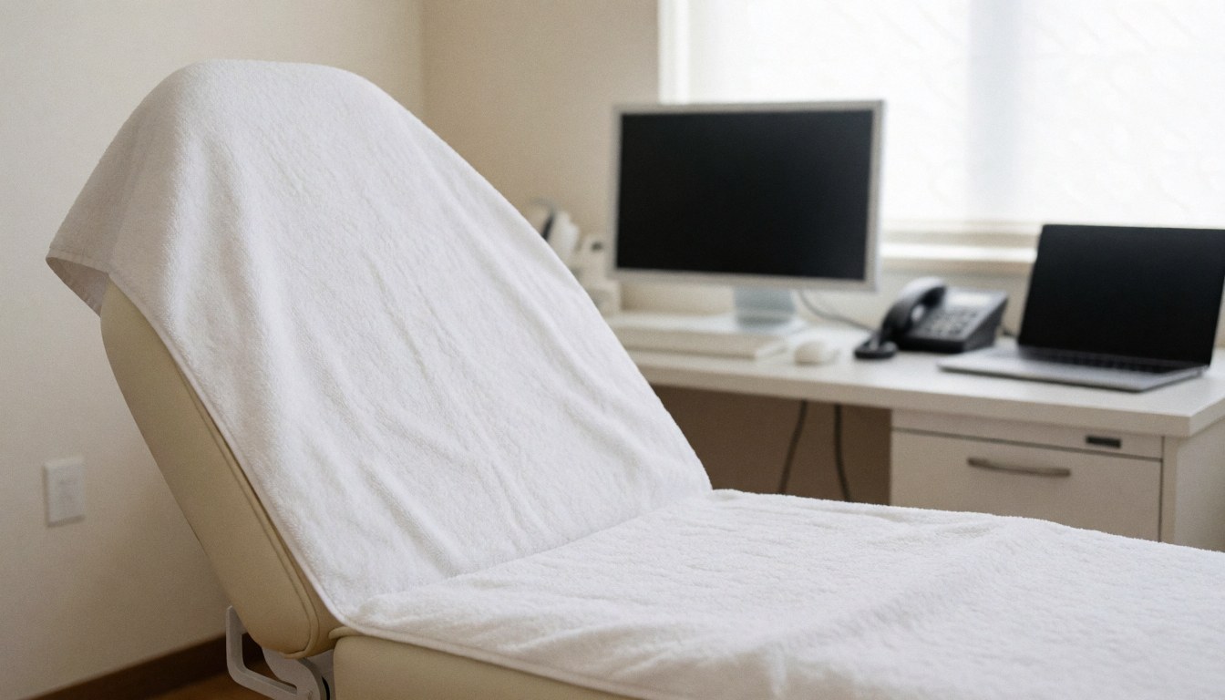 Fauteuil de traitement recouvert d'une serviette blanche dans une pièce propre et bien éclairée, idéal pour les services de microblading et les soins esthétiques.